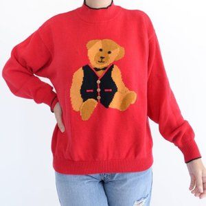 Vintage Fables Red Hand Knit Sweater with  Bear on Front XLarge